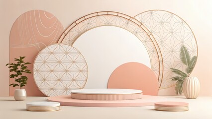 Elegant modern stage design with geometric patterns and plants for product display and advertising
