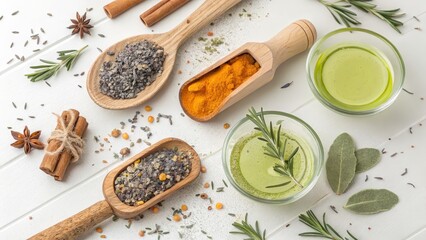 Aromatic spices and herbs including turmeric cinnamon star anise and rosemary with infused oils on white wood