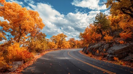 Obraz premium The winding road through a stunning autumn landscape of vibrant colors.