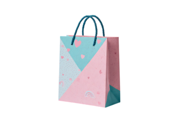 Pink and teal gift bag with handles, isolated.