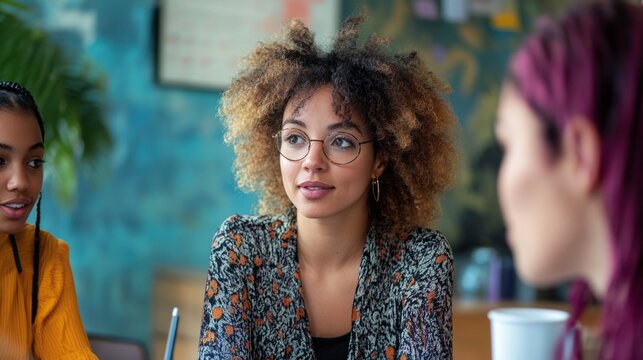 Female mentor guiding younger women in a workshop, collaboration and female empowerment concept generative ai