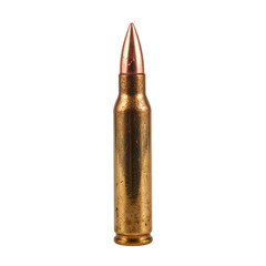 Detailed close up of a copper hollow point bullet with intricate grooves and hollow tip isolated on white
