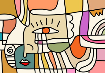 Colorful cubism-style abstract face composition featuring bold eyes