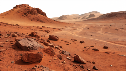 Red rocky desert landscape with tire tracks and colorful sky elements isolated on a transparent background