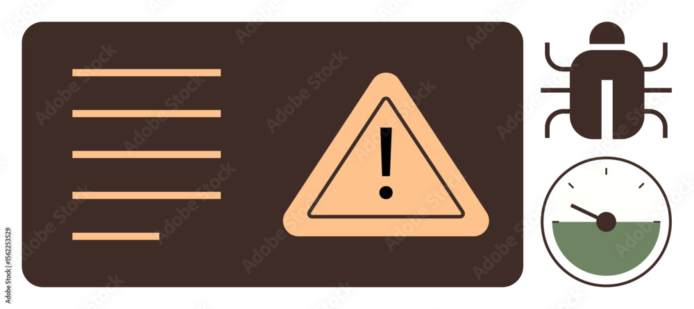 Poster exclamation mark in warning triangle, a bug symbolizing software issue, and performance gauge tracki