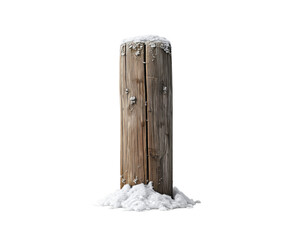 Wooden post with snow covering top and base