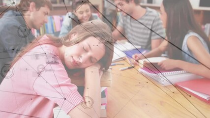 Teenage student resting on books closing eyes napping, peers studying educational digital overlay - Powered by Adobe