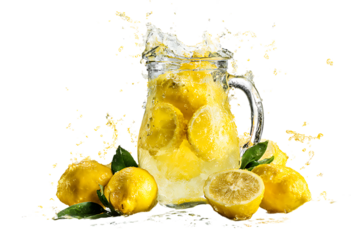Lemonade pitcher with splashing water and fresh lemons.