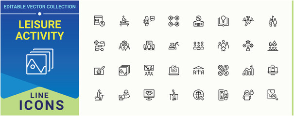 Leisure Activity vector line icon set. Featuring adventure, hobby, interest, gardening, cycling and more. Activity modern icon set. Set of line pictogram. Editable vector.