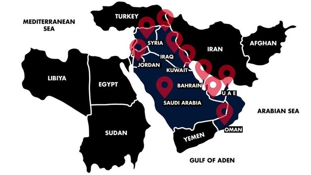 Vector map animation of American U.S. military bases in Middle East with red pulsing location icons, country borders highlighted, dark minimal animation 4K