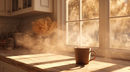 Cozy kitchen scene, warm drink by window
