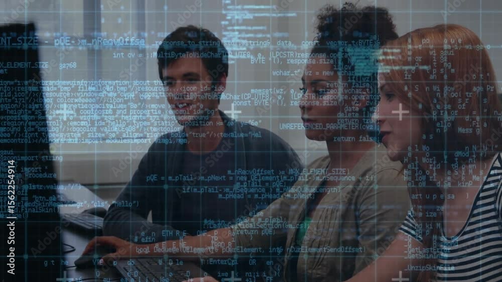Poster man touching keyboard initiating woman typing code with animated code overlay guiding software team