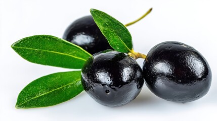 The fresh black olives with vibrant green leaves on a white background.