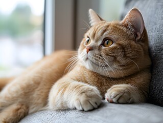 "Elderly Orange Cat Relaxing on Modern Gray Couch"