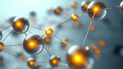 Spherical particles connected by glowing lines represent molecular structure in scientific illustration - Powered by Adobe