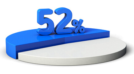 52% blue and white pie chart isolated on transparent background. 3d illustration.	