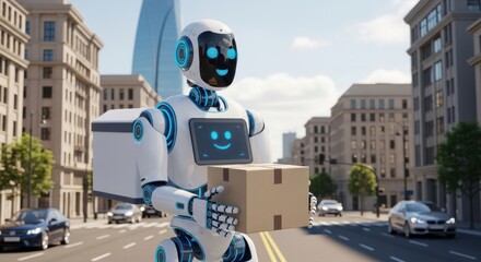 Friendly robot delivery person carrying package in a city street with cars