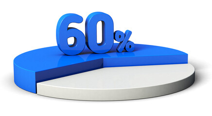 60% blue and white pie chart isolated on transparent background. 3d illustration.	