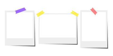 Three Photo Frames with Colorful Washi Tape Pieces on Transparent Background. Blank Polaroid Photo Frame Mockup Template Set
