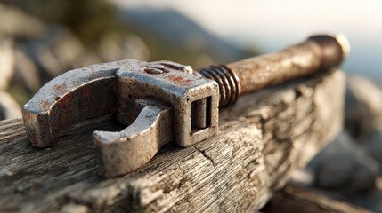 Rusty adjustable wrench on weathered wood