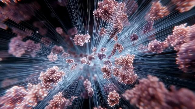 Macro view of multiple particles tunneling through a complex energy landscape, revealing the mysterious and unpredictable nature of quantum tunneling.