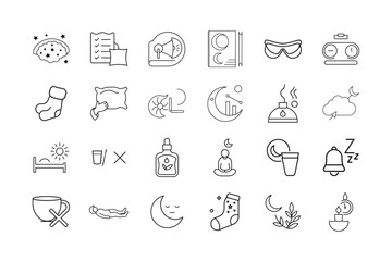 Sleep and Rest Wellness Icon Set – Bedtime Routine, Sleep Aids, Relaxation Practices, Aromatherapy, Sleep Tracking, and Nighttime Wellness Symbols
