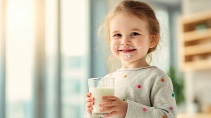 The joyful little girl enjoying a glass of milk in a bright kitchen.