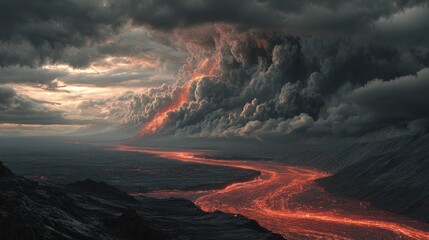 Lava river flows through dramatic landscape