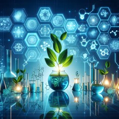 Futuristic science lab with growing plants and digital molecular structures
