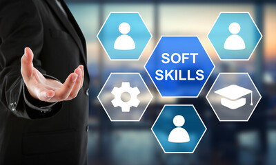 Soft Skills Concept: Businessman Presenting Essential Skills for Career Success and Professional Development in Modern Business Environment