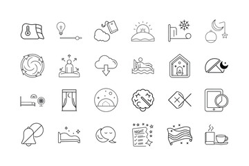 Fototapeta premium Sleep and Rest Wellness Icon Set – Night Routine, Sleep Hygiene, Relaxation Techniques, Bedroom Comfort, Sleep Tracker, and Wind Down Ritual Symbols
