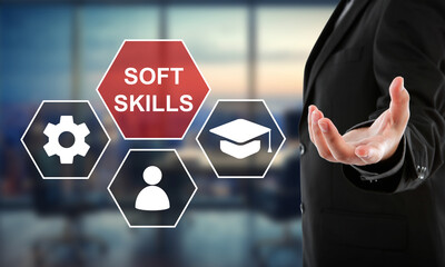 Professional Presenting Soft Skills: Business Man Showing Essential Skills for Success, Including Technical, Education, and Interpersonal Skills.
