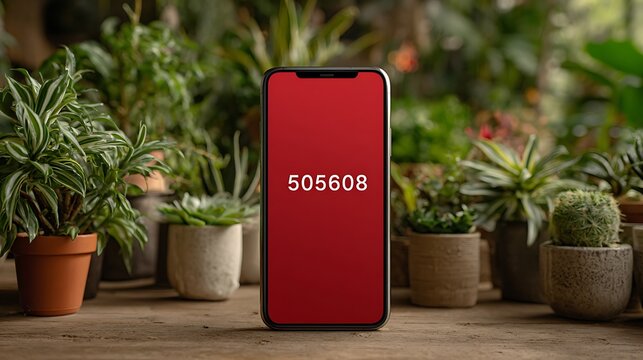 Smartphone displaying a numeric code surrounded by a lush collection of potted plants in a garden setting
