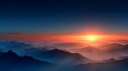 Majestic Sunrise Over a Mountain Range, A breathtaking aerial view of a mountain range bathed in the warm hues of a sunrise.