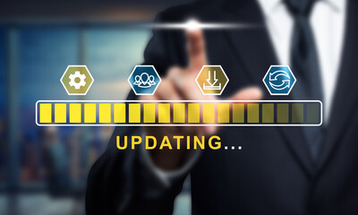 Software Update Concept: Businessman Touching Virtual Progress Bar. System Upgrade, Installation Process, Loading, Data Transfer, Technology
