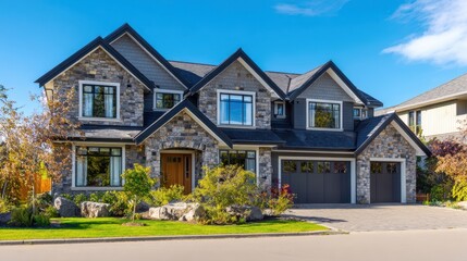 The beautiful stone house with landscaped garden under blue sky.