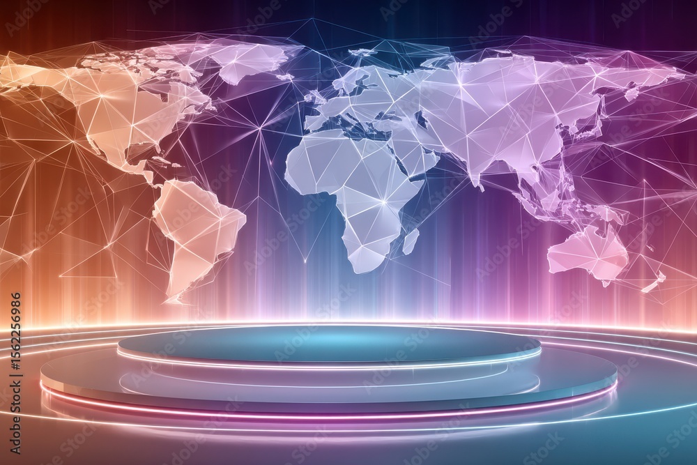 Poster abstract world map backdrop with futuristic glowing platform and network lines