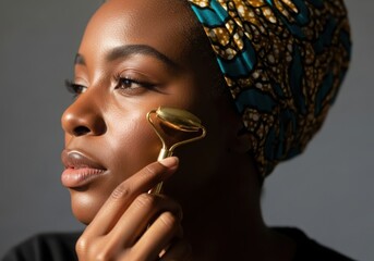 Woman with glowing skin uses a golden facial roller while wearing a patterned headwrap