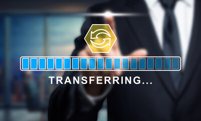 Data Transfer Concept: Businessman Initiating File Upload with Progress Bar. Modern Technology, Cloud Storage, and Digital Transformation Visual.