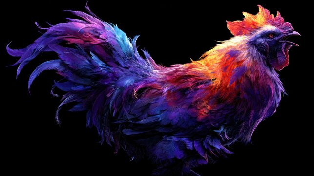 Vibrant rooster with colorful feathers against black