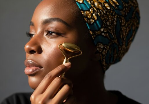Woman with glowing skin uses a golden facial roller while wearing a patterned headwrap - Powered by Adobe
