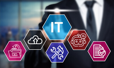 IT Solutions Concept: Businessman Touching Digital Interface with Cloud Computing, AI Chatbot, Data Management. Modern Technology and Innovation