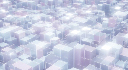 Abstract landscape of glowing translucent cubes, forming a vast, interconnected digital city.