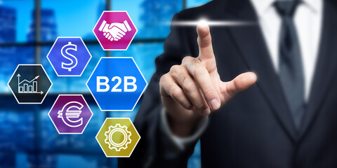 B2B Solutions: Businessman Taps Business Icons on Digital Interface. Modern Technology and Innovation for Corporate Success. B2B Concept