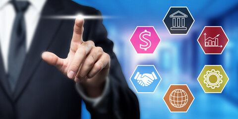 Business Technology Concept: Businessman Touching Virtual Screen with Financial Icons, Banking, Growth, Partnership, and Global Network - Innovation