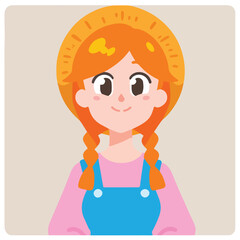 Cartoon girl in overalls and straw hat, smiling sweetly.