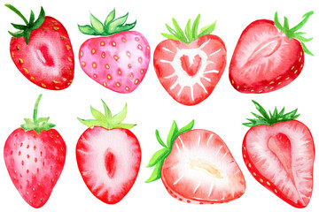 Collection of watercolor style fresh red strawberries with halves and leaves isolated on white background