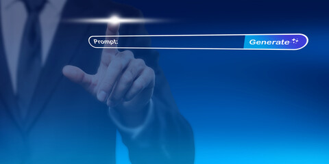 AI Prompt Generation Concept: Businessman Interacting with Artificial Intelligence Interface for Creative Content and Innovative Solutions
