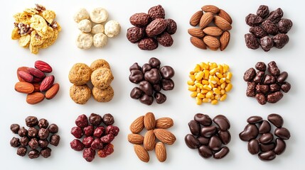 Healthy snacks on a white background, ideal for nutritious eating, wellness, and on-the-go snack options.