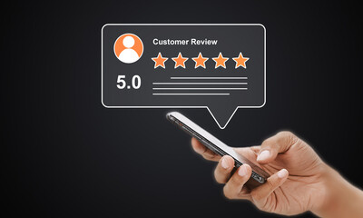 Customer Reviews on Mobile Phone, 5 Star Rating Concept. Online Feedback, User Experience, and Satisfaction. Business Reputation Management on Smartphone.